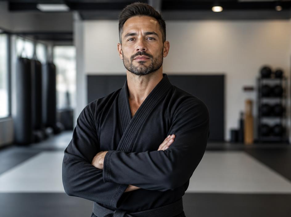 A martial arts coach instructing a class